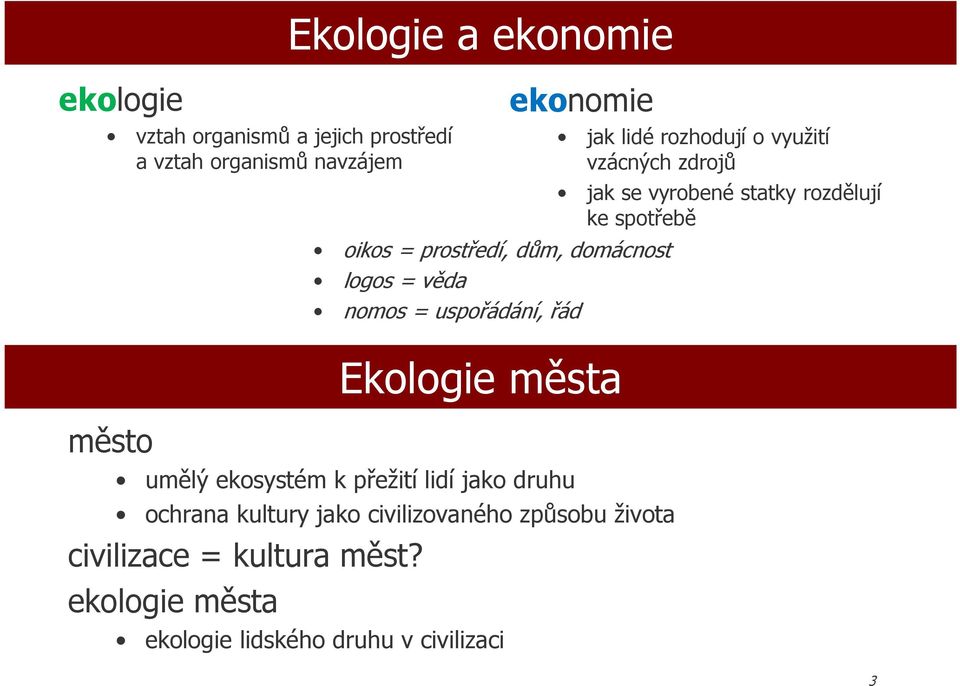 ekologie města ekologie lidského druhu v civilizaci ekonomie oikos = prostředí, dům, domácnost logos = věda nomos