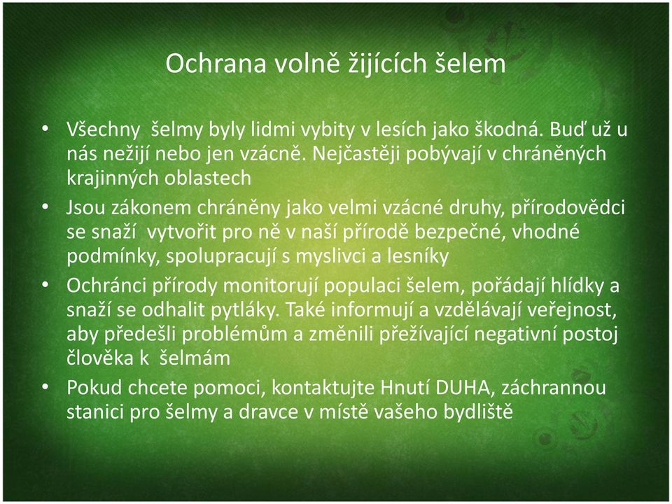 bezpečné, vhodné podmínky, spolupracují s myslivci a lesníky Ochránci přírody monitorují populaci šelem, pořádají hlídky a snaží se odhalit pytláky.