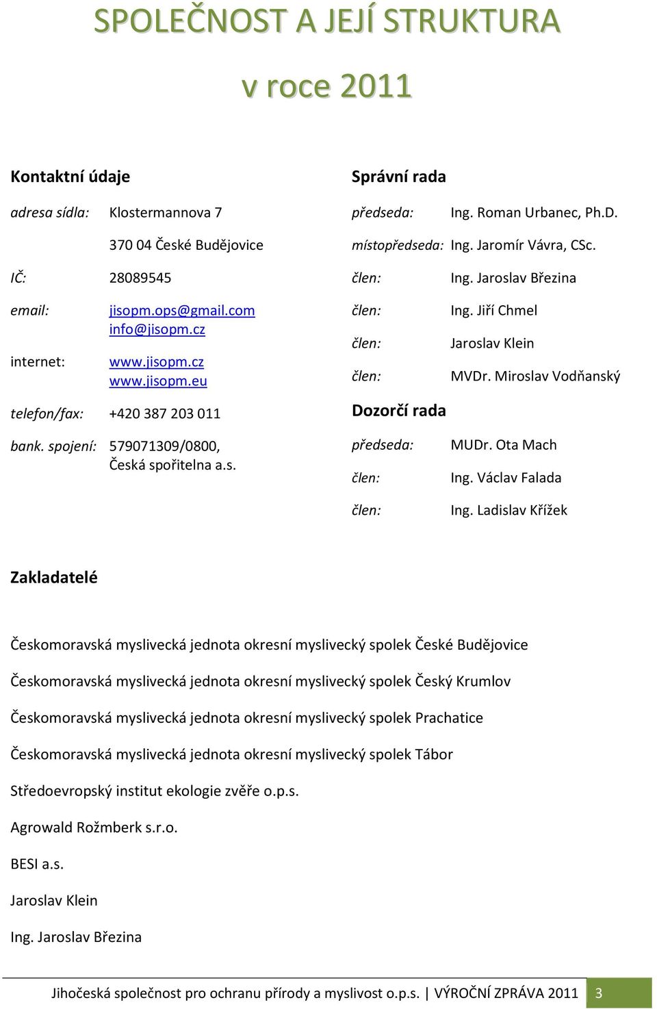 Jiří Chmel člen: Jaroslav Klein člen: MVDr. Miroslav Vodňanský Dozorčí rada bank. spojení: 579071309/0800, Česká spořitelna a.s. předseda: člen: člen: MUDr. Ota Mach Ing. Václav Falada Ing.