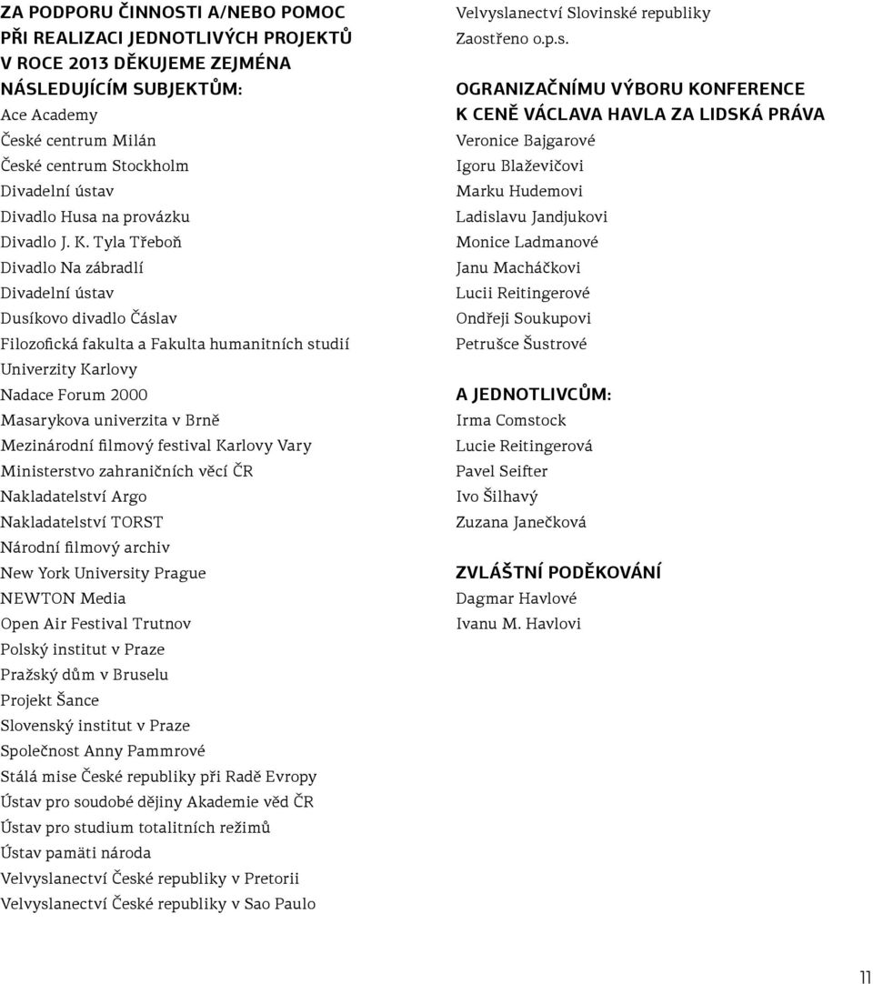 Tyla Třeboň Divadlo Na zábradlí Divadelní ústav Dusíkovo divadlo Čáslav Filozofická fakulta a Fakulta humanitních studií Univerzity Karlovy Nadace Forum 2000 Masarykova univerzita v Brně Mezinárodní