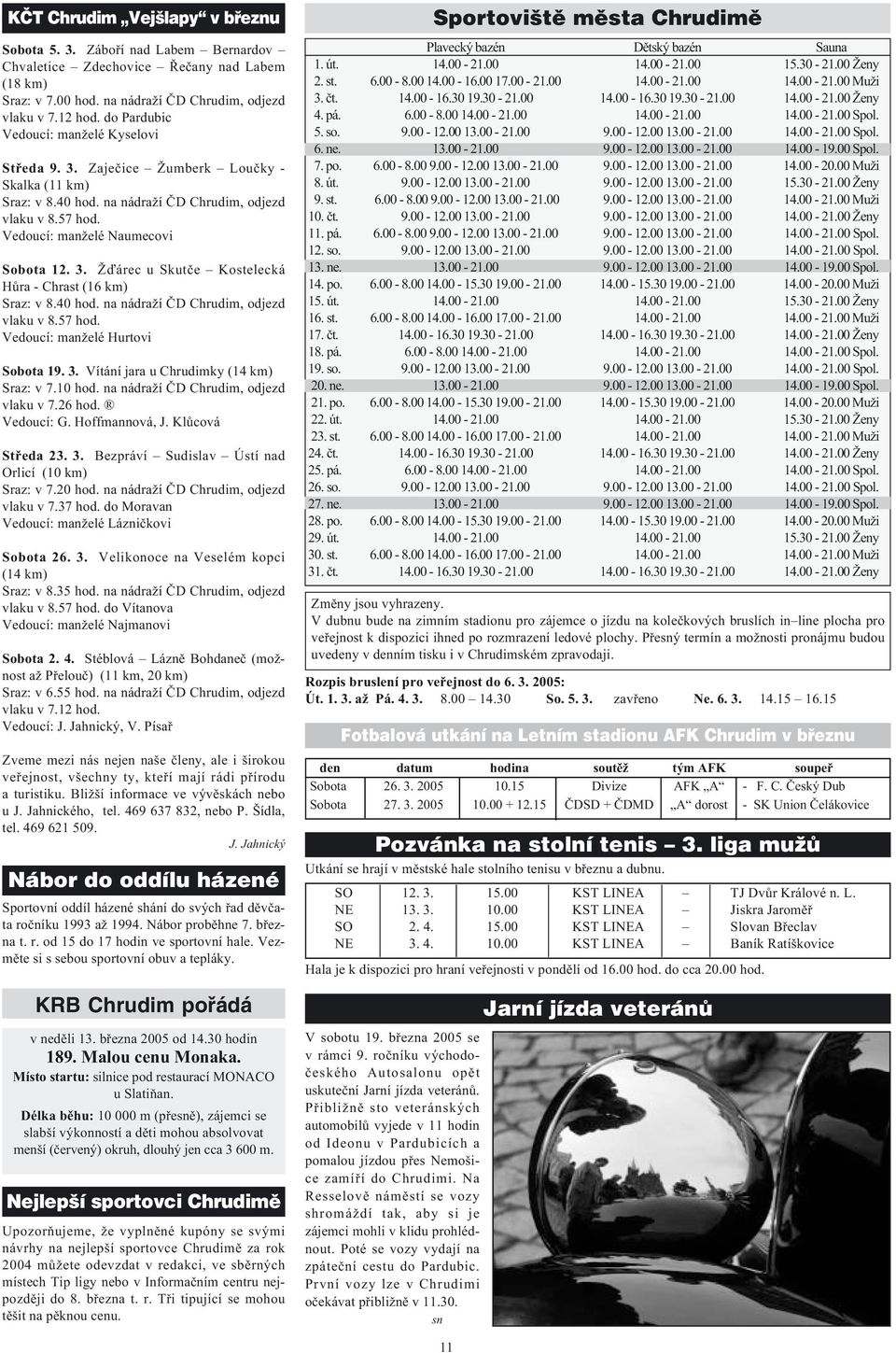 40 hod. na nádraží ÈD Chrudim, odjezd vlaku v 8.57 hod. Vedoucí: manželé Hurtovi Sobota 19. 3. Vítání jara uchrudimky (14 km) Sraz: v 7.10 hod. na nádraží ÈD Chrudim, odjezd vlaku v 7.26 hod.