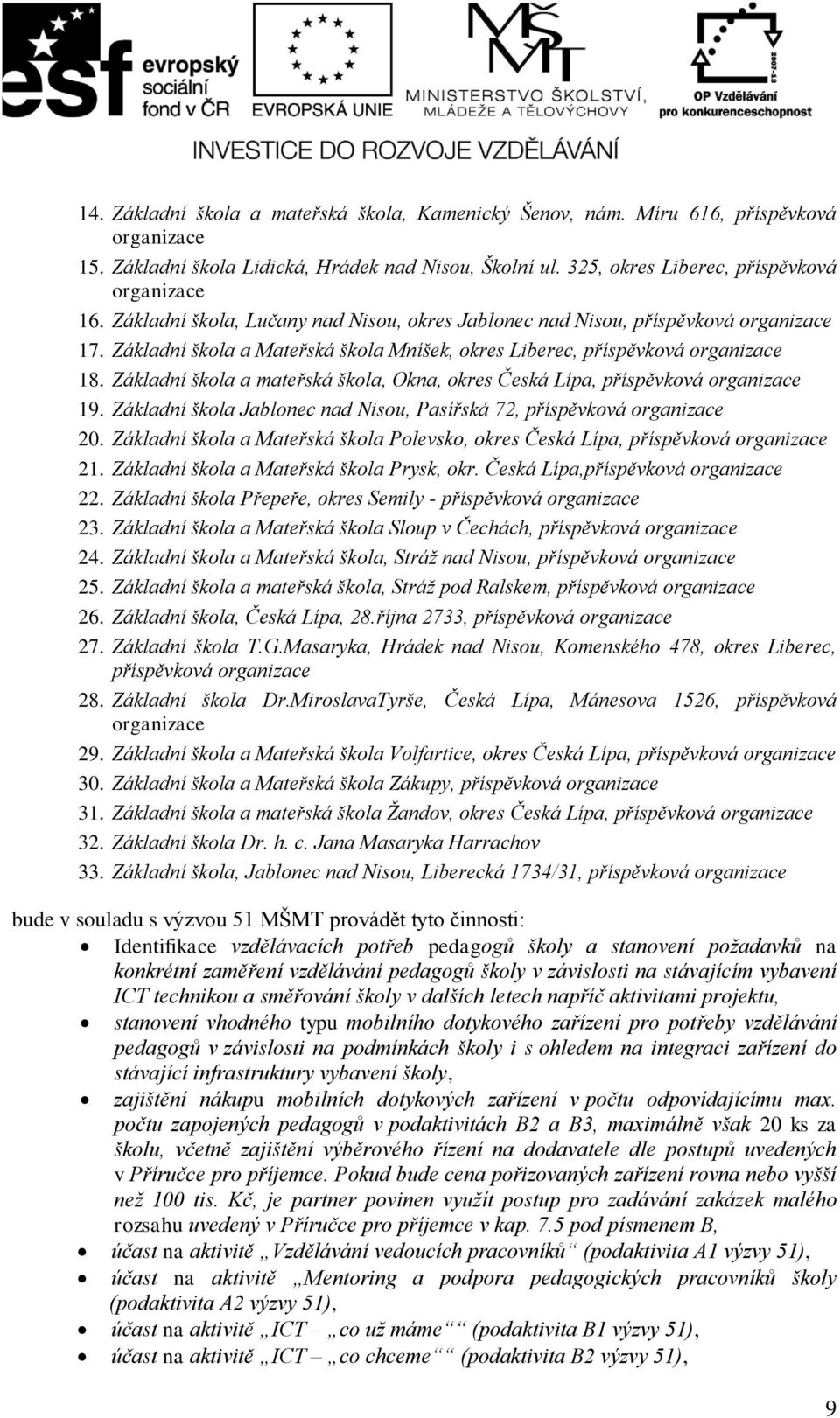 Zákldní škol mteřská škol, Okn, okres Česká Líp, příspěvková orgnizce 19. Zákldní škol Jblonec nd Nisou, Psířská 72, příspěvková orgnizce 20.