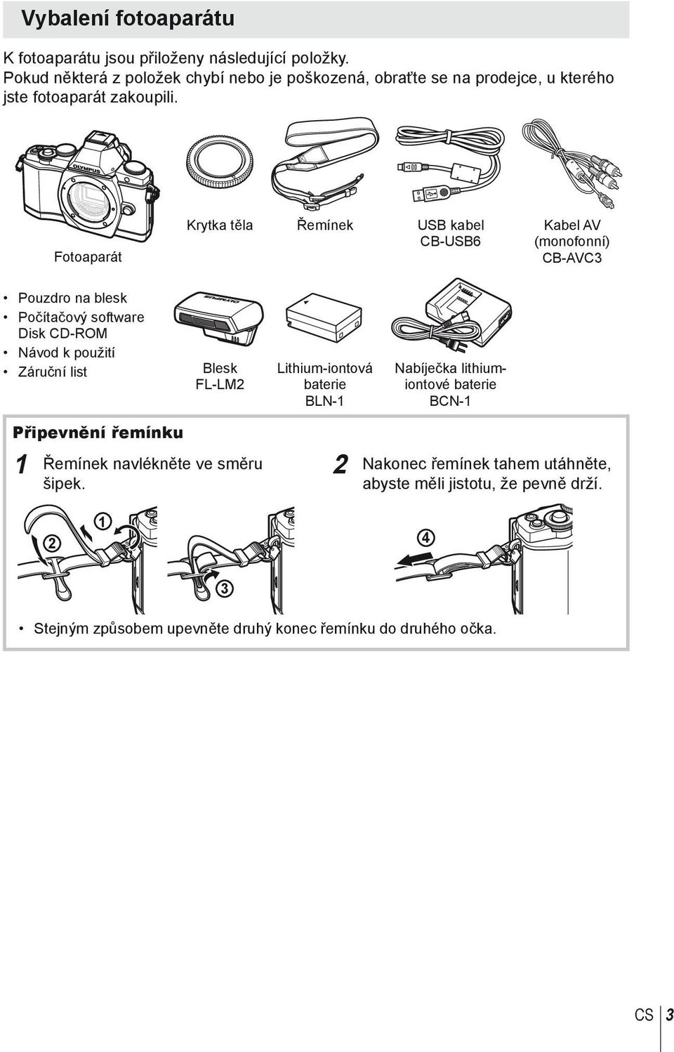 Fotoaparát Krytka těla Řemínek USB kabel CB-USB6 Kabel AV (monofonní) CB-AVC3 Pouzdro na blesk Počítačový software Disk CD-ROM Návod k použití Záruční