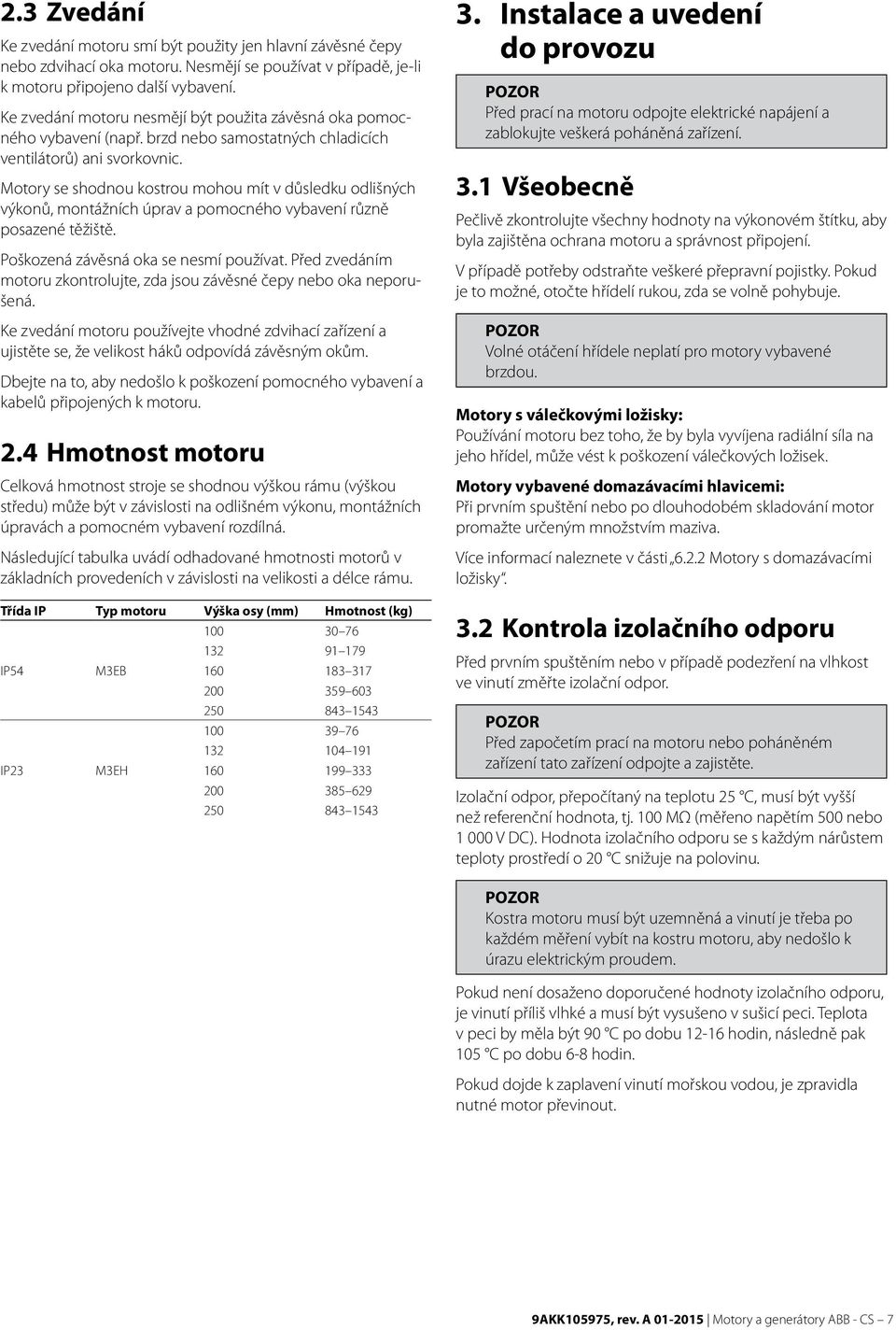 Motory se shodnou kostrou mohou mít v důsledku odlišných výkonů, montážních úprav a pomocného vybavení různě posazené těžiště. Poškozená závěsná oka se nesmí používat.