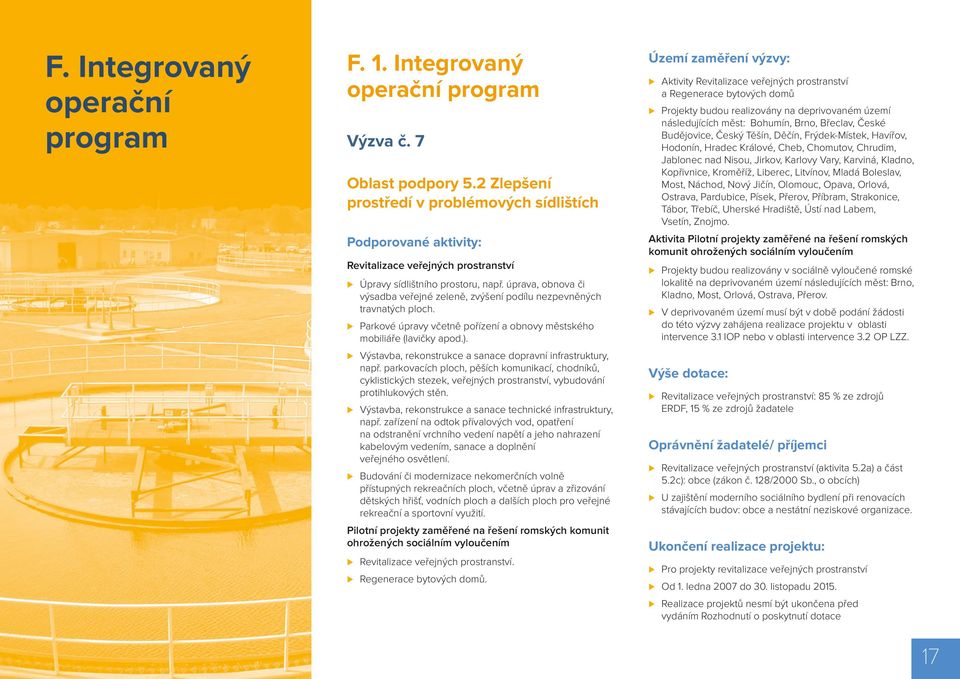 úprava, obnova či výsadba veřejné zeleně, zvýšení podílu nezpevněných travnatých ploch. Parkové úpravy včetně pořízení a obnovy městského mobiliáře (lavičky apod.).