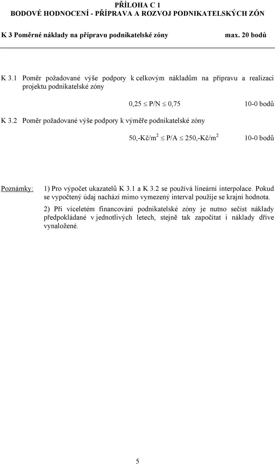 2 Poměr požadované výše podpory k výměře podnikatelské zóny 50,-Kč/m 2 P/A 250,-Kč/m 2 10-0 bodů 1) Pro výpočet ukazatelů K 3.1 a K 3.