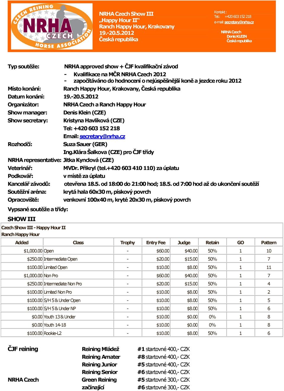 2012 Organizátor: Show manager: Show secretary: Rozhodčí: NRHA approved show + ČJF kvalifikační závod - Kvalifikace na MČR NRHA Czech 2012 - započítáváno do hodnocení o nejúspěšnější koně a jezdce