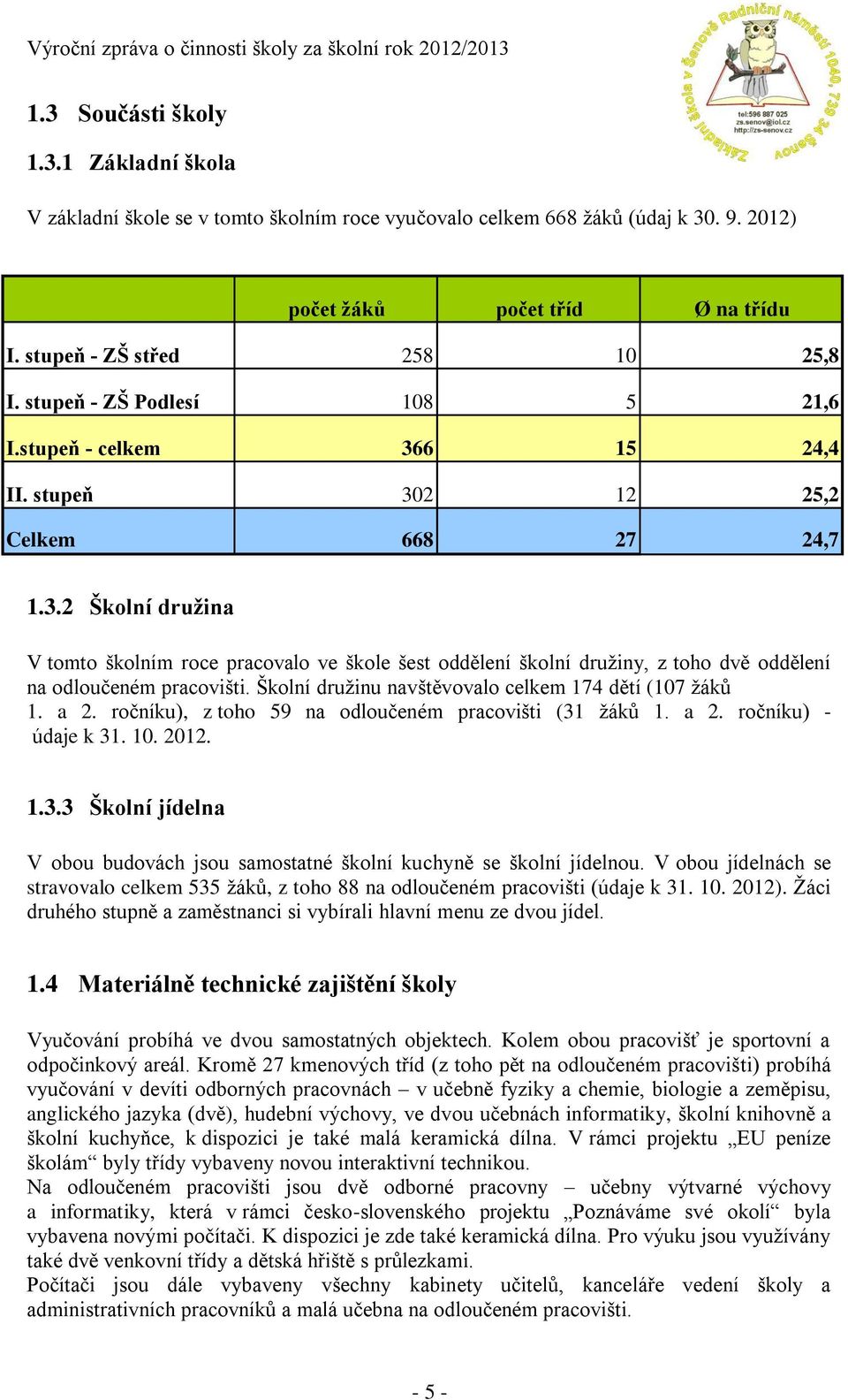 Školní družinu navštěvovalo celkem 174 dětí (107 žáků 1. a 2. ročníku), z toho 59 na odloučeném pracovišti (31 žáků 1. a 2. ročníku) - údaje k 31. 10. 2012. 1.3.3 Školní jídelna V obou budovách jsou samostatné školní kuchyně se školní jídelnou.