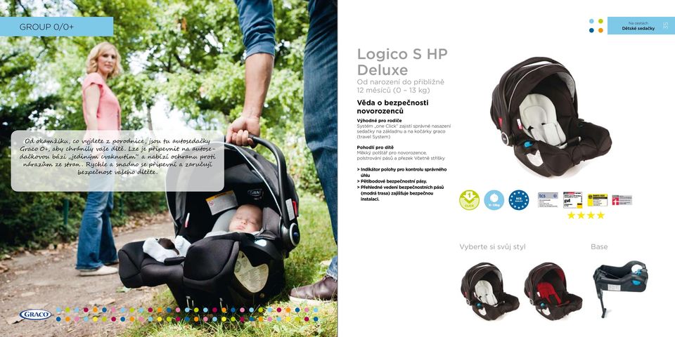 Logico S HP Deluxe Od narození do přibližně 12 měsíců (0 13 kg) Věda o bezpečnosti novorozenců Systém one Click zajistí správné nasazení sedačky na základnu a na kočárky graco