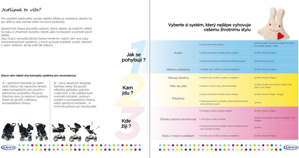 Aby Graco vyhověla těmto čtyřem kritériím, nabízí vám dva typy novorozeneckých systémů, s nimiž se bude kočárek vyvíjet zároveň s vaším dítětem, až do stáří 36 měsíců.