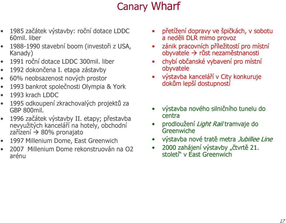 etapy; přestavba nevyužitých kanceláří na hotely, obchodní zařízení 80% pronajato 1997 Millenium Dome, East Greenwich 2007 Millenium Dome rekonstruován na O2 arénu přetížení dopravy ve špičkách, v