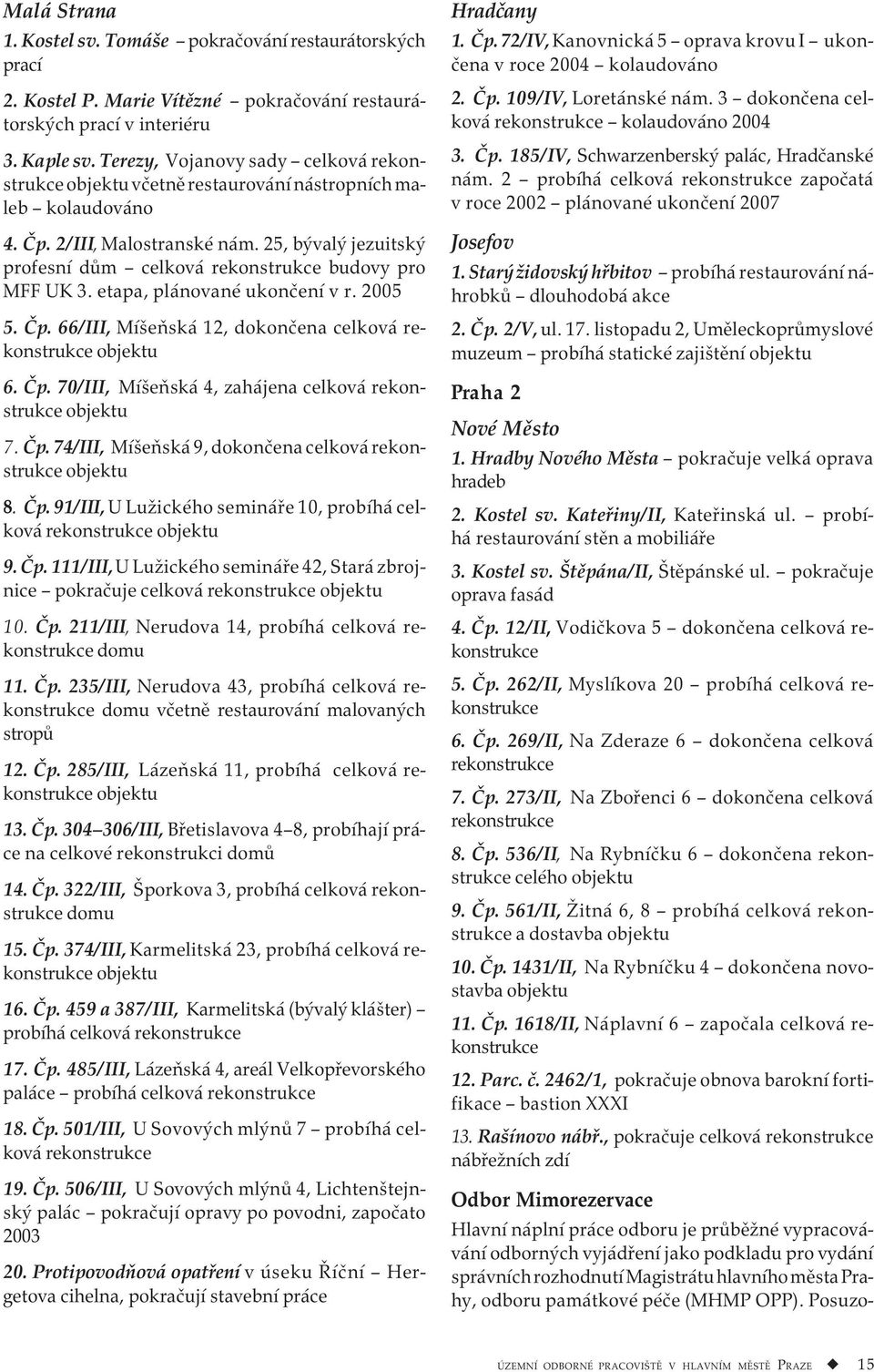 25, bývalý jezuitský profesní dům celková rekonstrukce budovy pro MFF UK 3. etapa, plánované ukončení v r. 2005 5. Čp. 66/III, Míšeňská 12, dokončena celková rekonstrukce objektu 6. Čp. 70/III, Míšeňská 4, zahájena celková rekonstrukce objektu 7.