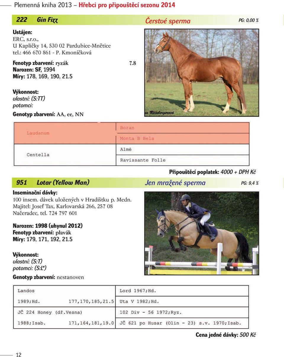 5 V konnost: vlastní: (S:TT) potomci: Genotyp zbarvení: AA, ee, NN Pfiipou tûcí poplatek: 4000 + DPH Kã 951 Lotar (Yellow Man) Jen mraïené sperma PG: 9,4 % Inseminaãní dávky: 100