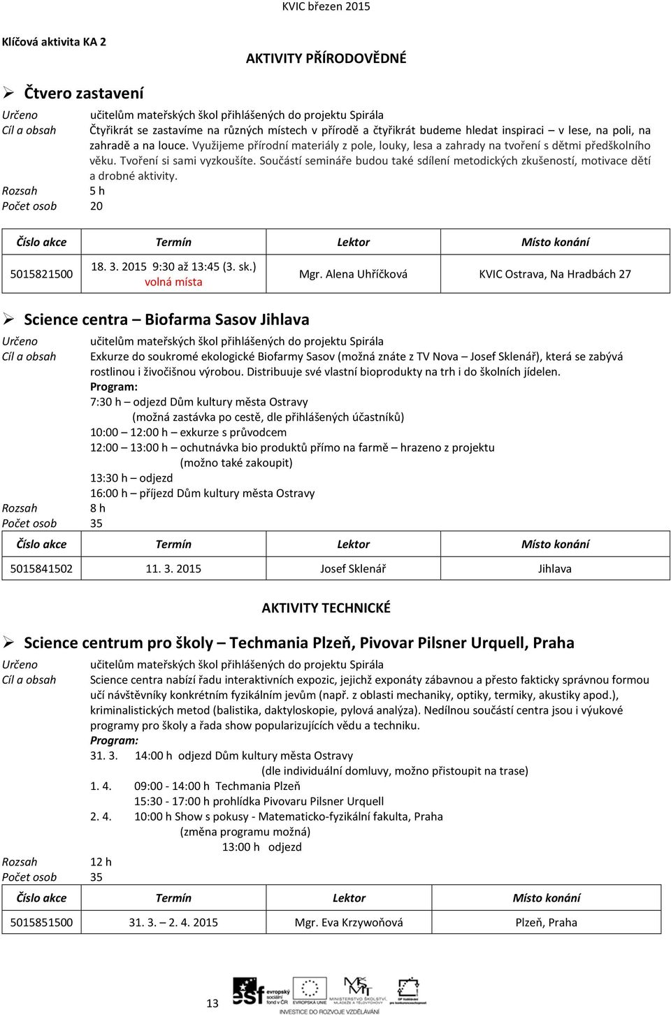 Součástí semináře budou také sdílení metodických zkušeností, motivace dětí a drobné aktivity. 5 h Počet osob 20 Číslo akce Termín Lektor Místo konání 5015821500 18. 3. 2015 9:30 až 13:45 (3. sk.