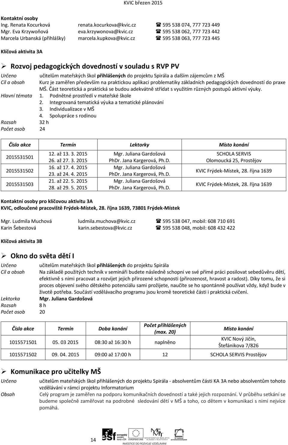 cz 595 538 063, 777 723 445 Klíčová aktivita 3A Rozvoj pedagogických dovedností v souladu s RVP PV Cíl a obsah mateřských škol přihlášených do projektu Spirála a dalším zájemcům z MŠ Kurz je zaměřen