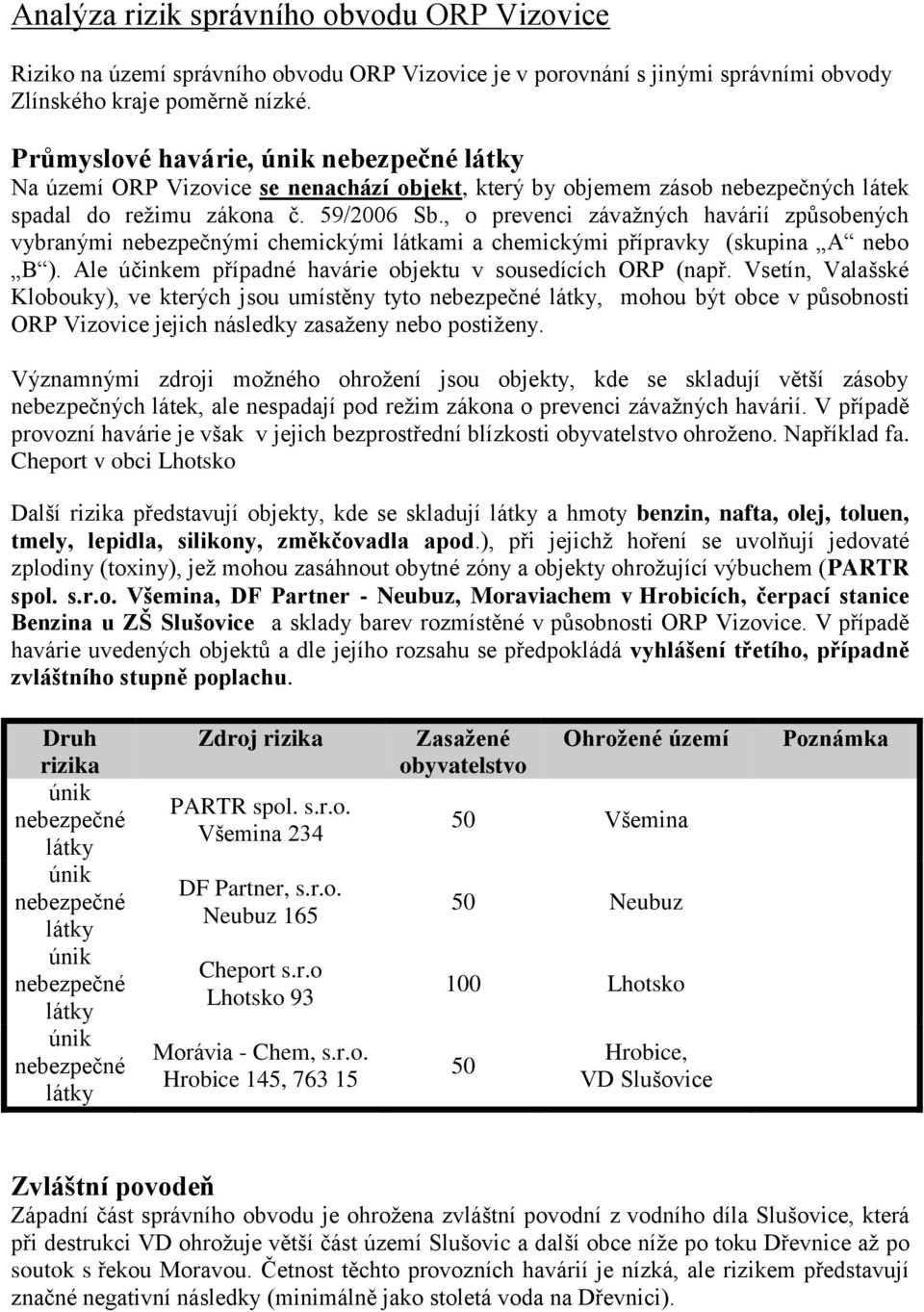 , o prevenci závažných havárií způsobených vybranými nebezpečnými chemickými látkami a chemickými přípravky (skupina A nebo B ). Ale účinkem případné havárie objektu v sousedících ORP (např.