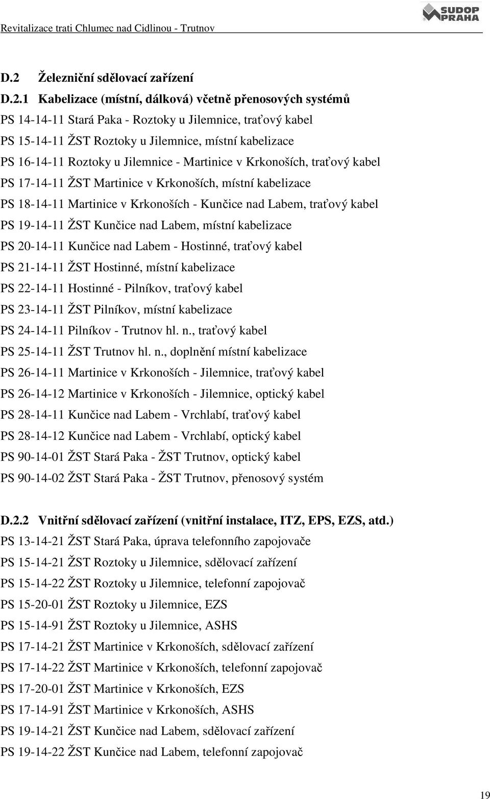 traťový kabel PS 19-14-11 ŽST Kunčice nad Labem, místní kabelizace PS 20-14-11 Kunčice nad Labem - Hostinné, traťový kabel PS 21-14-11 ŽST Hostinné, místní kabelizace PS 22-14-11 Hostinné - Pilníkov,