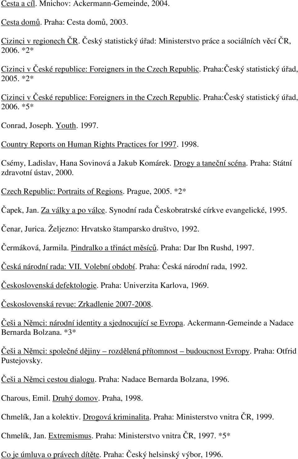 Praha:Český statistický úřad, 2006. *5* Conrad, Joseph. Youth. 1997. Country Reports on Human Rights Practices for 1997. 1998. Csémy, Ladislav, Hana Sovinová a Jakub Komárek. Drogy a taneční scéna.