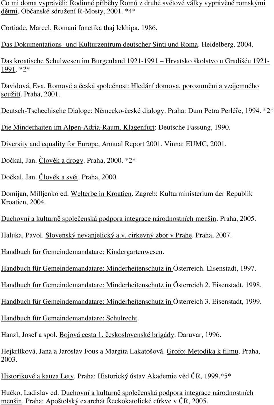 Romové a česká společnost: Hledání domova, porozumění a vzájemného soužití. Praha, 2001. Deutsch-Tschechische Dialoge: Německo-české dialogy. Praha: Dum Petra Perléře, 1994.