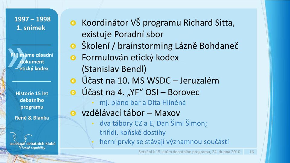 brainstorming Lázně Bohdaneč Formulován etický kodex (Stanislav Bendl) Účast na 10.