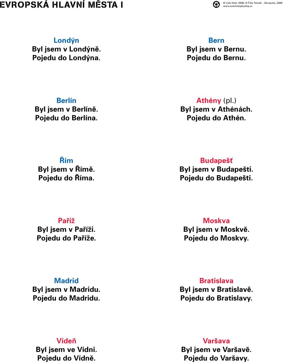 Pojedu do Budapešti. Paříž Byl jsem v Paříži. Pojedu do Paříže. Moskva Byl jsem v Moskvě. Pojedu do Moskvy. Madrid Byl jsem v Madridu.