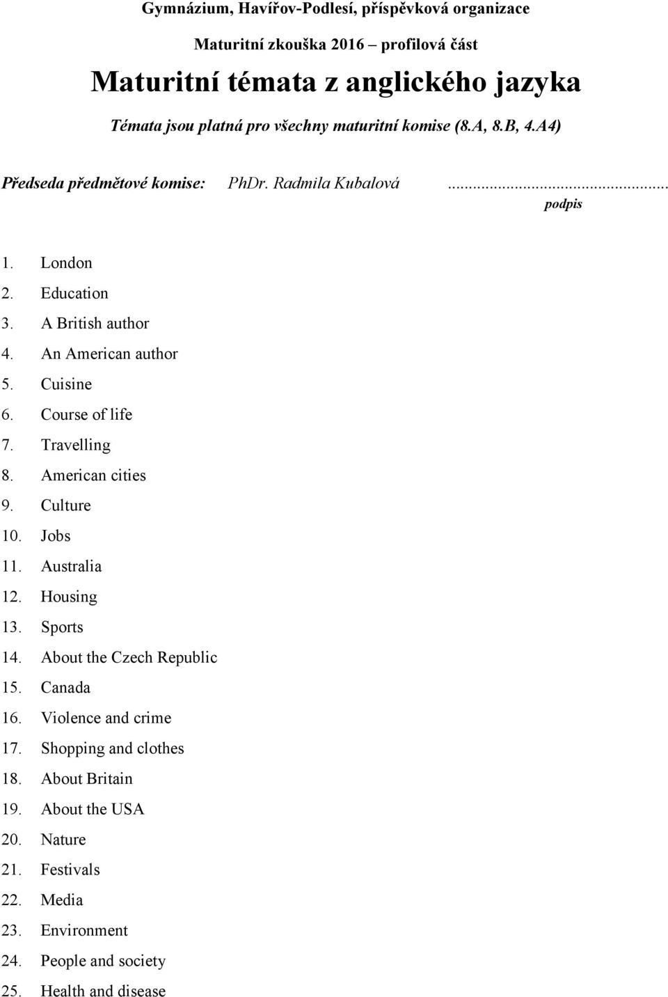 Australia 12. Housing 13. Sports 14. About the Czech Republic 15. Canada 16. Violence and crime 17. Shopping and clothes 18.