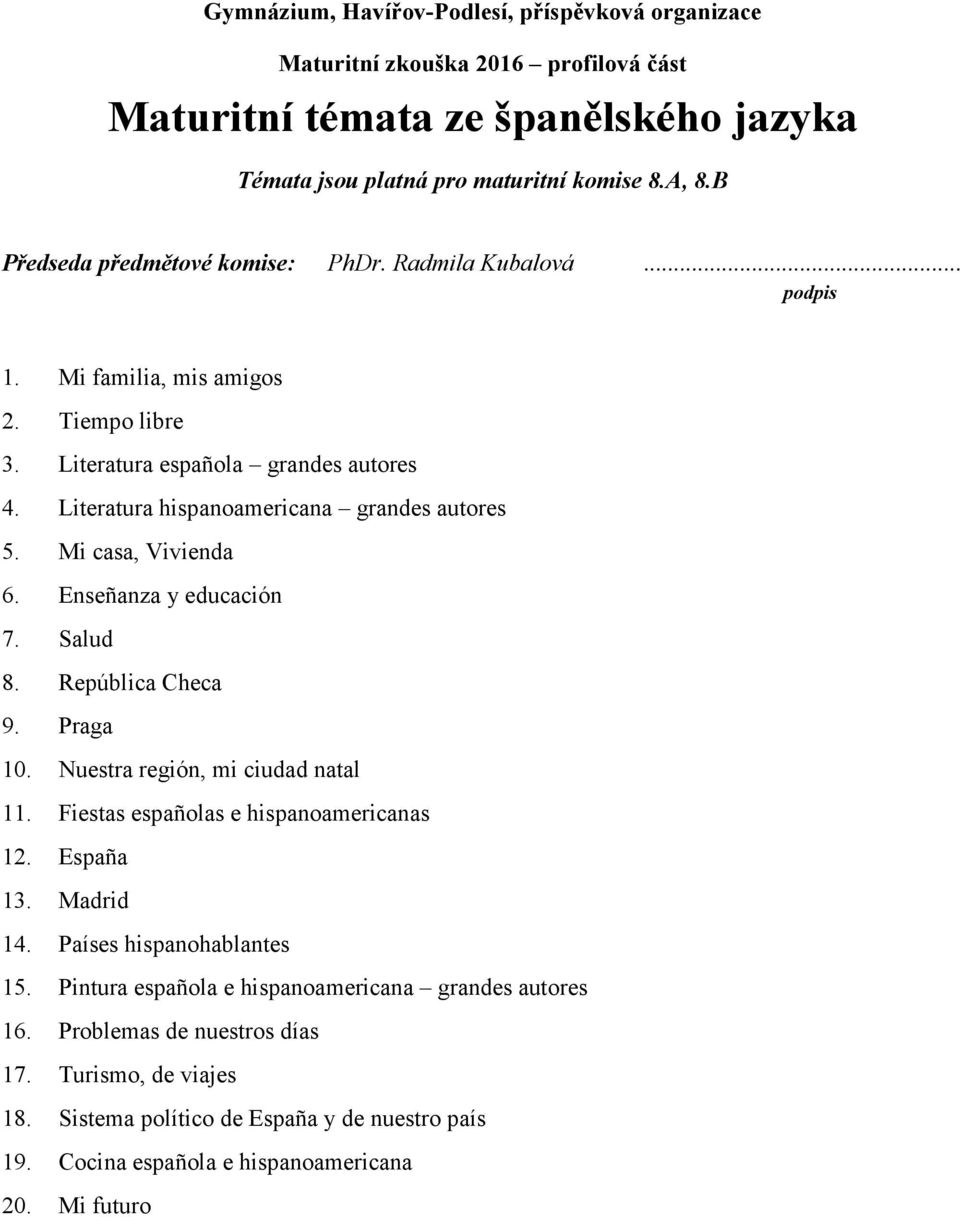 República Checa 9. Praga 10. Nuestra región, mi ciudad natal 11. Fiestas españolas e hispanoamericanas 12. España 13. Madrid 14. Países hispanohablantes 15.