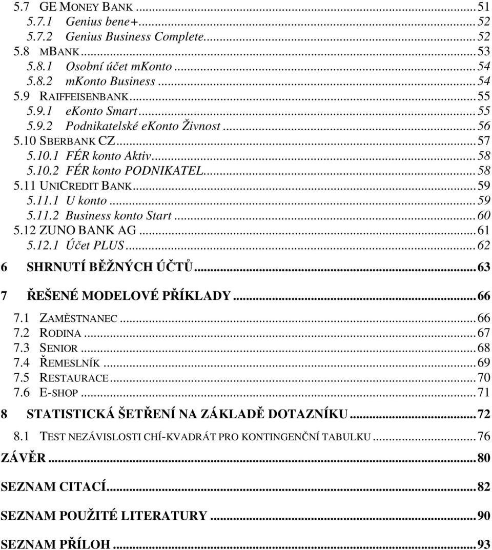 .. 60 5.12 ZUNO BANK AG... 61 5.12.1 Účet PLUS... 62 6 SHRNUTÍ BĚŽNÝCH ÚČTŮ... 63 7 ŘEŠENÉ MODELOVÉ PŘÍKLADY... 66 7.1 ZAMĚSTNANEC... 66 7.2 RODINA... 67 7.3 SENIOR... 68 7.4 ŘEMESLNÍK... 69 7.