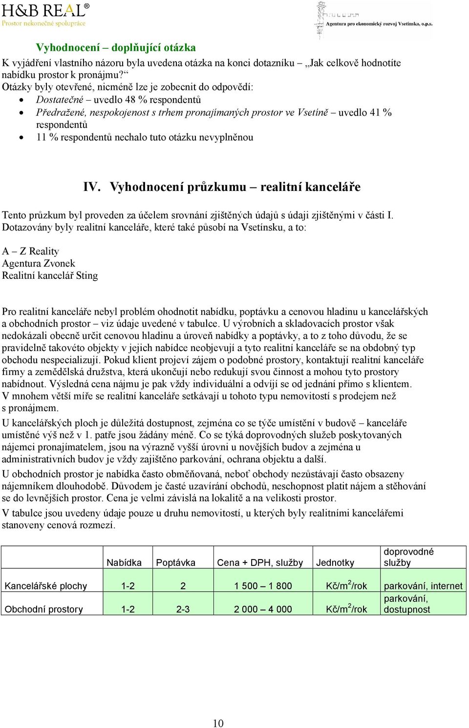 respondentů nechalo tuto otázku nevyplněnou IV. Vyhodnocení průzkumu realitní kanceláře Tento průzkum byl proveden za účelem srovnání zjištěných údajů s údaji zjištěnými v části I.