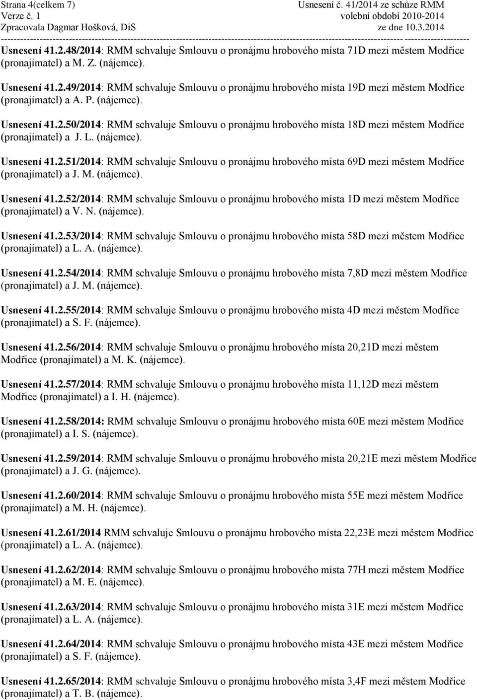 M. (nájemce). Usnesení 41.2.52/2014: RMM schvaluje Smlouvu o pronájmu hrobového místa 1D mezi městem Modřice (pronajímatel) a V. N. (nájemce). Usnesení 41.2.53/2014: RMM schvaluje Smlouvu o pronájmu hrobového místa 58D mezi městem Modřice (pronajímatel) a L.