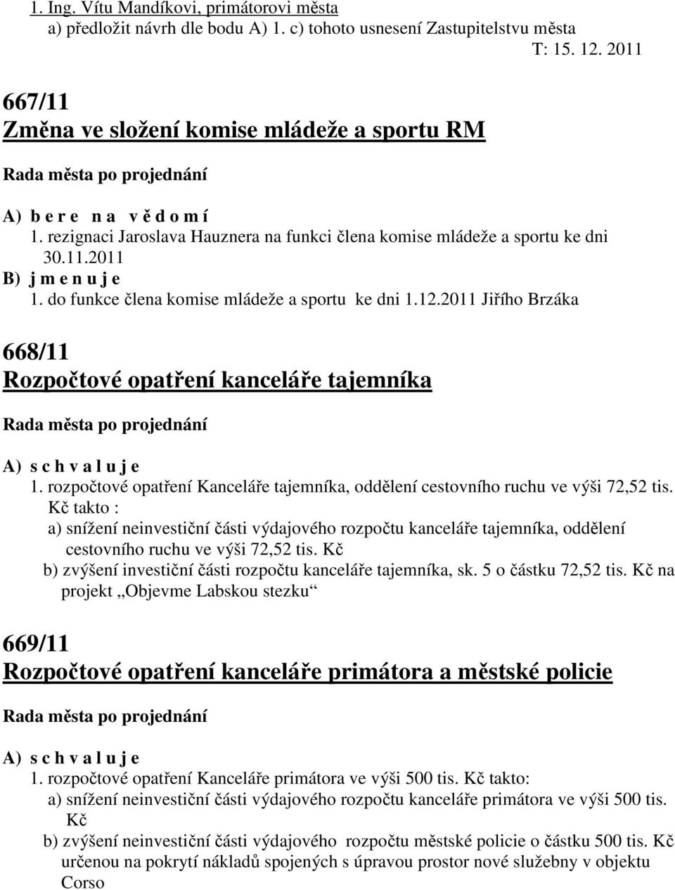 do funkce člena komise mládeže a sportu ke dni 1.12.2011 Jiřího Brzáka 668/11 Rozpočtové opatření kanceláře tajemníka 1.