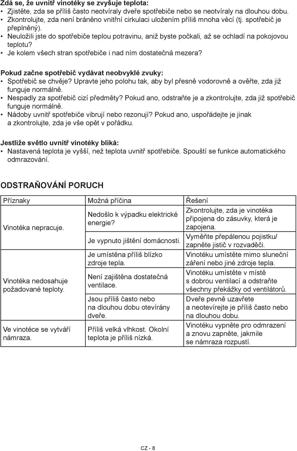 Neuložili jste do spotřebiče teplou potravinu, aniž byste počkali, až se ochladí na pokojovou teplotu? Je kolem všech stran spotřebiče i nad ním dostatečná mezera?