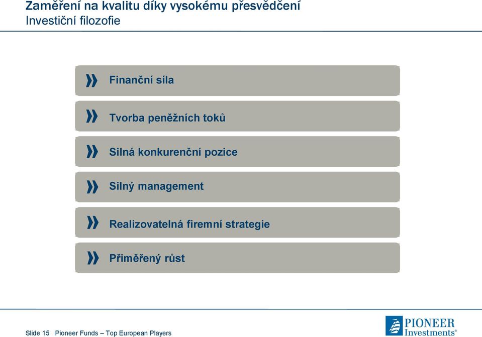 Position Silný management Strong Management Deliverable Business Strategy Realizovatelná