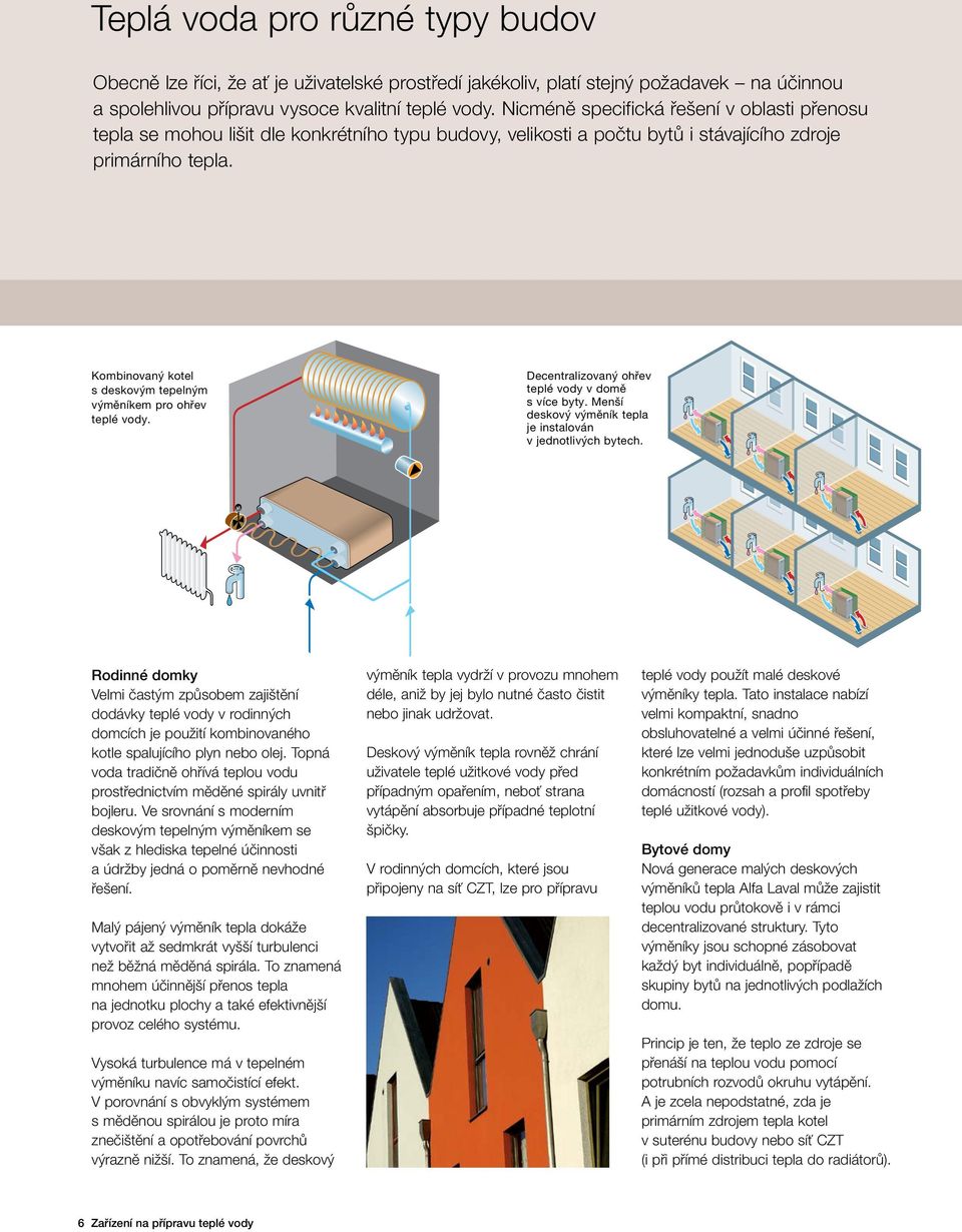 Kombinovaný kotel s deskovým tepelným výměníkem pro ohřev teplé vody. Decentralizovaný ohřev teplé vody v domě s více byty. Menší deskový výměník tepla je instalován v jednotlivých bytech.