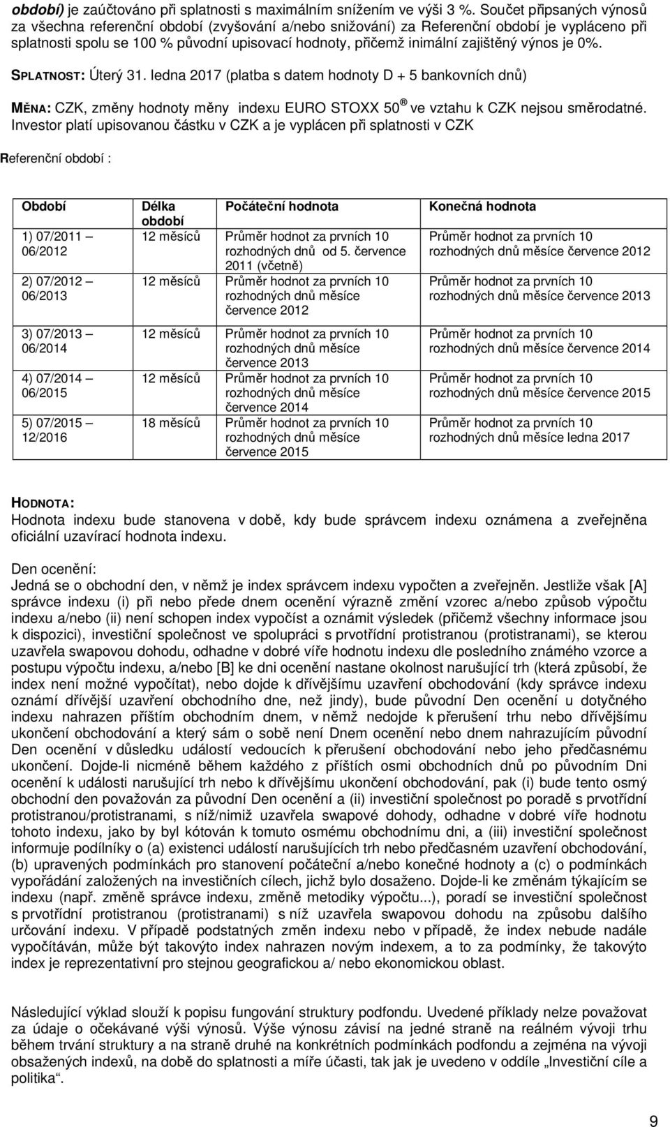 zajištěný výnos je 0%. SPLATNOST: Úterý 31. ledna 2017 (platba s datem hodnoty D + 5 bankovních dnů) MĚNA: CZK, změny hodnoty měny indexu EURO STOXX 50 ve vztahu k CZK nejsou směrodatné.