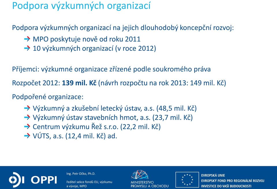 139 mil. Kč (návrh rozpočtu na rok 2013: 149 mil. Kč) Podpořené organizace: Výzkumný a zkušební letecký ústav, a.s. (48,5 mil.