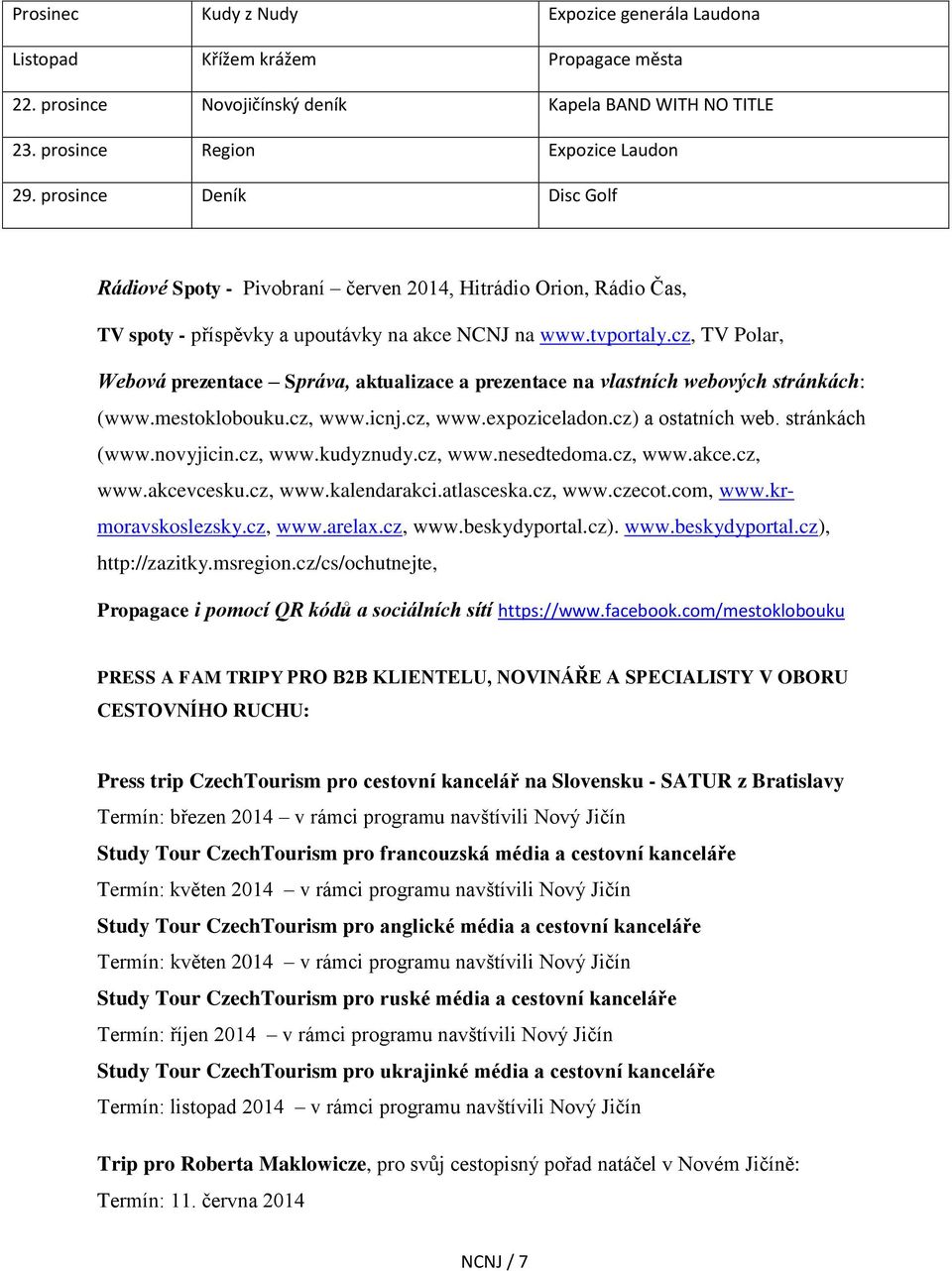 cz, TV Polar, Webová prezentace Správa, aktualizace a prezentace na vlastních webových stránkách: (www.mestoklobouku.cz, www.icnj.cz, www.expoziceladon.cz) a ostatních web. stránkách (www.novyjicin.