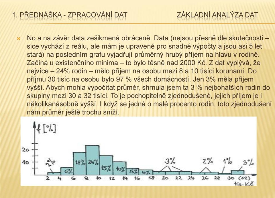 hlavu v rodině. Začíná u existenčního minima to bylo těsně nad 2000 Kč. Z dat vyplývá, že nejvíce 24% rodin mělo příjem na osobu mezi 8 a 0 tisíci korunami.