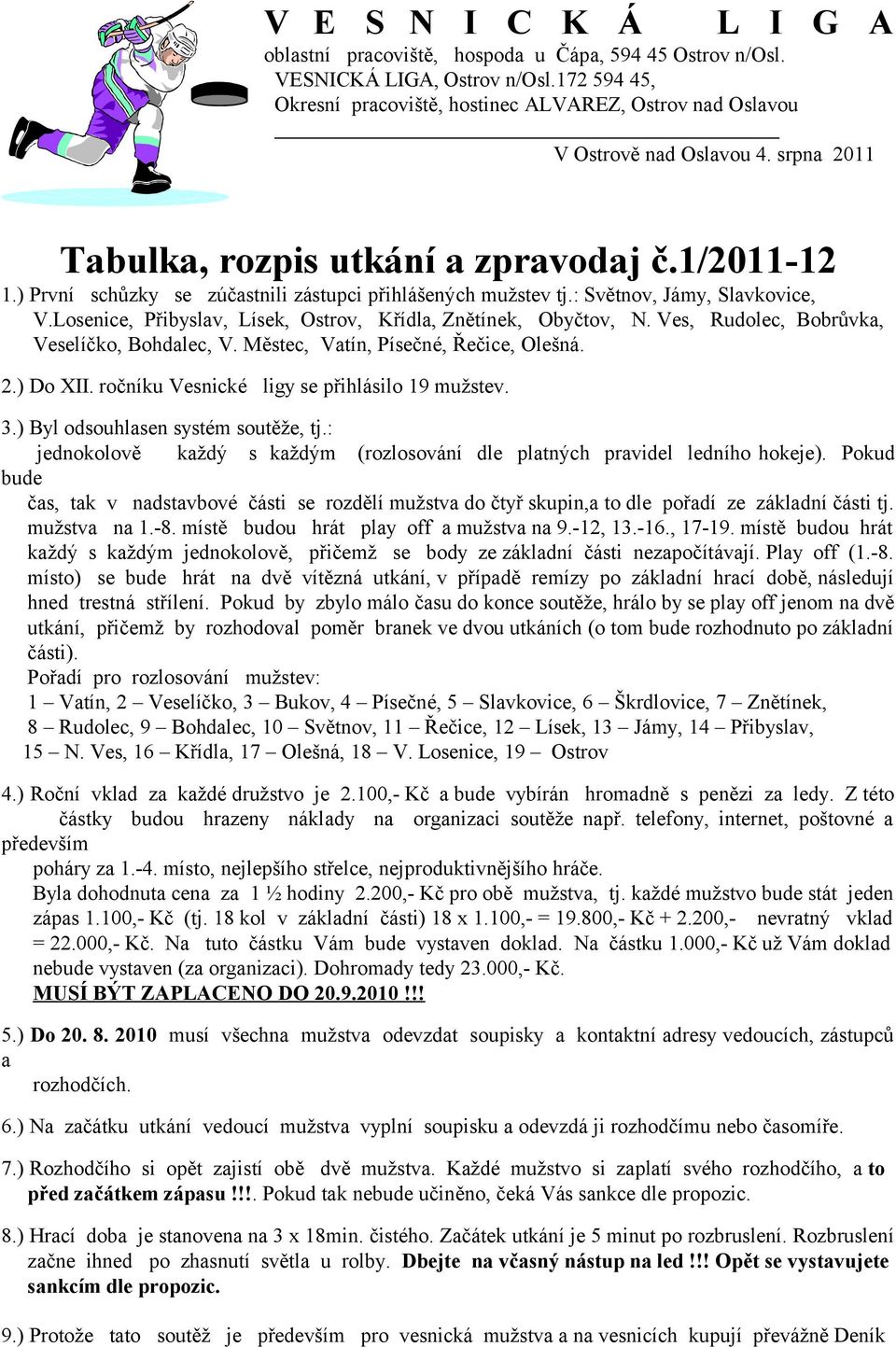 ) První schůzky se zúčastnili zástupci přihlášených mužstev tj.: Světnov, Jámy, Slavkovice, V.Losenice, Přibyslav, Lísek, Ostrov, Křídla, Znětínek, Obyčtov, N.