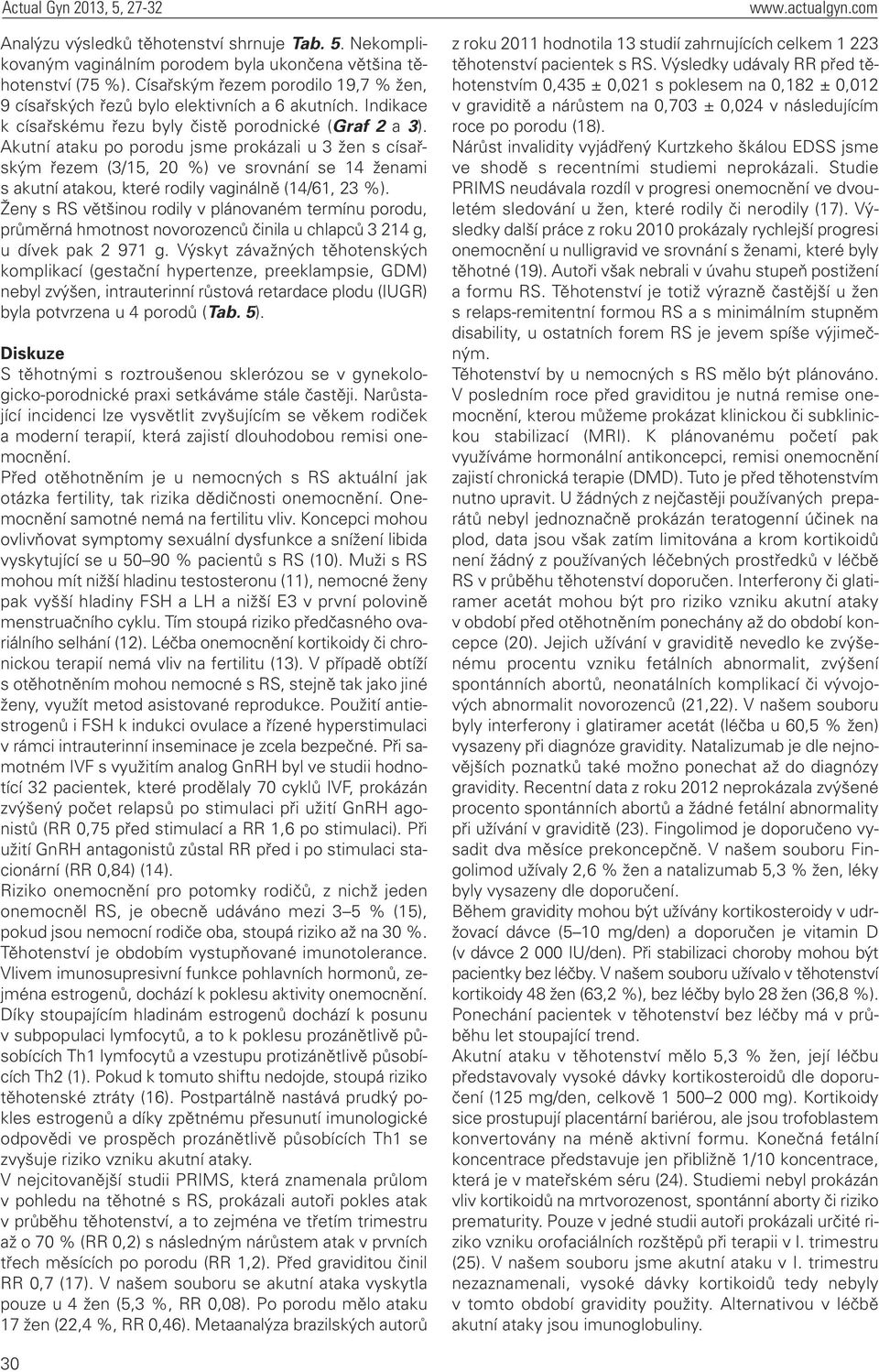 Akutní ataku po porodu jsme prokázali u 3 žen s císařským řezem (3/15, 20 %) ve srovnání se 14 ženami s akutní atakou, které rodily vaginálně (14/61, 23 %).