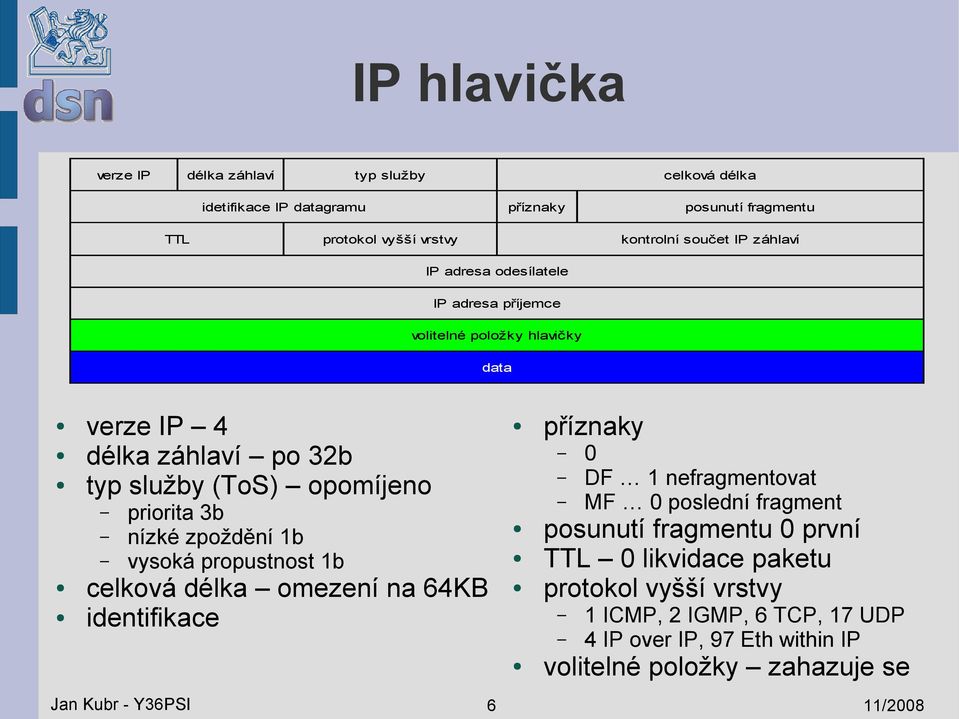 zpoždění 1b vysoká propustnost 1b celková délka omezení na 64KB identifikace příznaky 0 DF 1 nefragmentovat MF 0 poslední fragment posunutí fragmentu 0 první