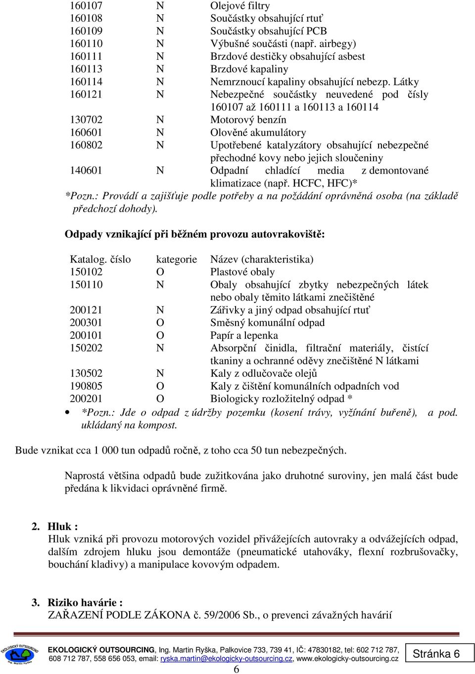 Látky 160121 N Nebezpečné součástky neuvedené pod čísly 160107 až 160111 a 160113 a 160114 130702 N Motorový benzín 160601 N Olověné akumulátory 160802 N Upotřebené katalyzátory obsahující nebezpečné