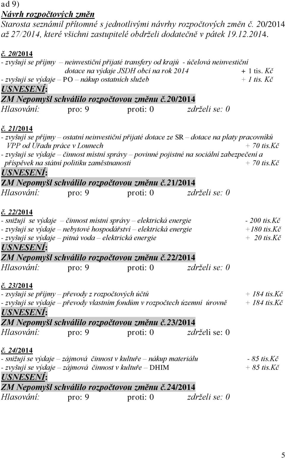 20/2014 - zvyšují se příjmy neinvestiční přijaté transfery od krajů - účelová neinvestiční dotace na výdaje JSDH obcí na rok 2014 + 1 tis. Kč - zvyšují se výdaje PO nákup ostatních služeb + 1 tis.