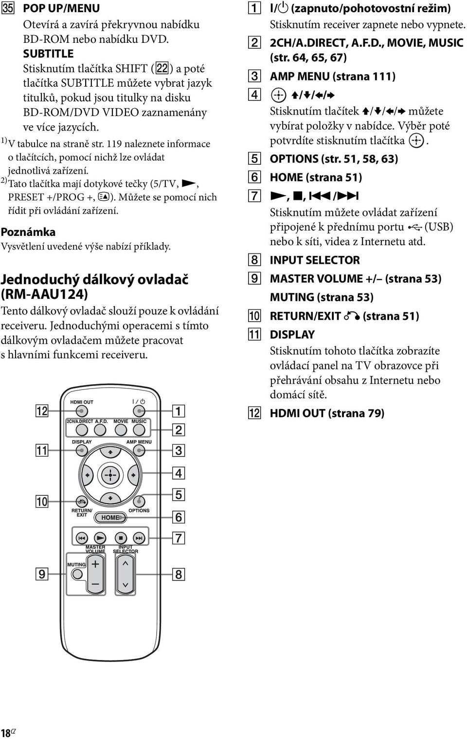 119 naleznete informace o tlačítcích, pomocí nichž lze ovládat jednotlivá zařízení. 2) Tato tlačítka mají dotykové tečky (5/TV, N, PRESET +/PROG +, c).