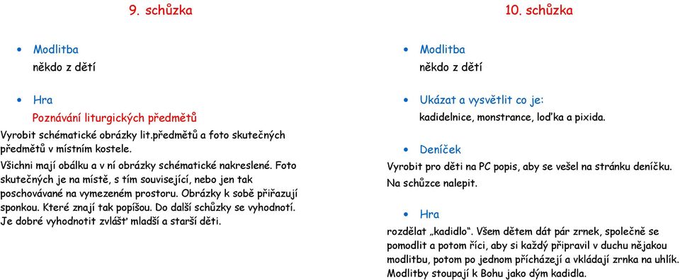 Které znají tak popíšou. Do další schůzky se vyhodnotí. Je dobré vyhodnotit zvlášť mladší a starší děti. Ukázat a vysvětlit co je: kadidelnice, monstrance, loďka a pixida.