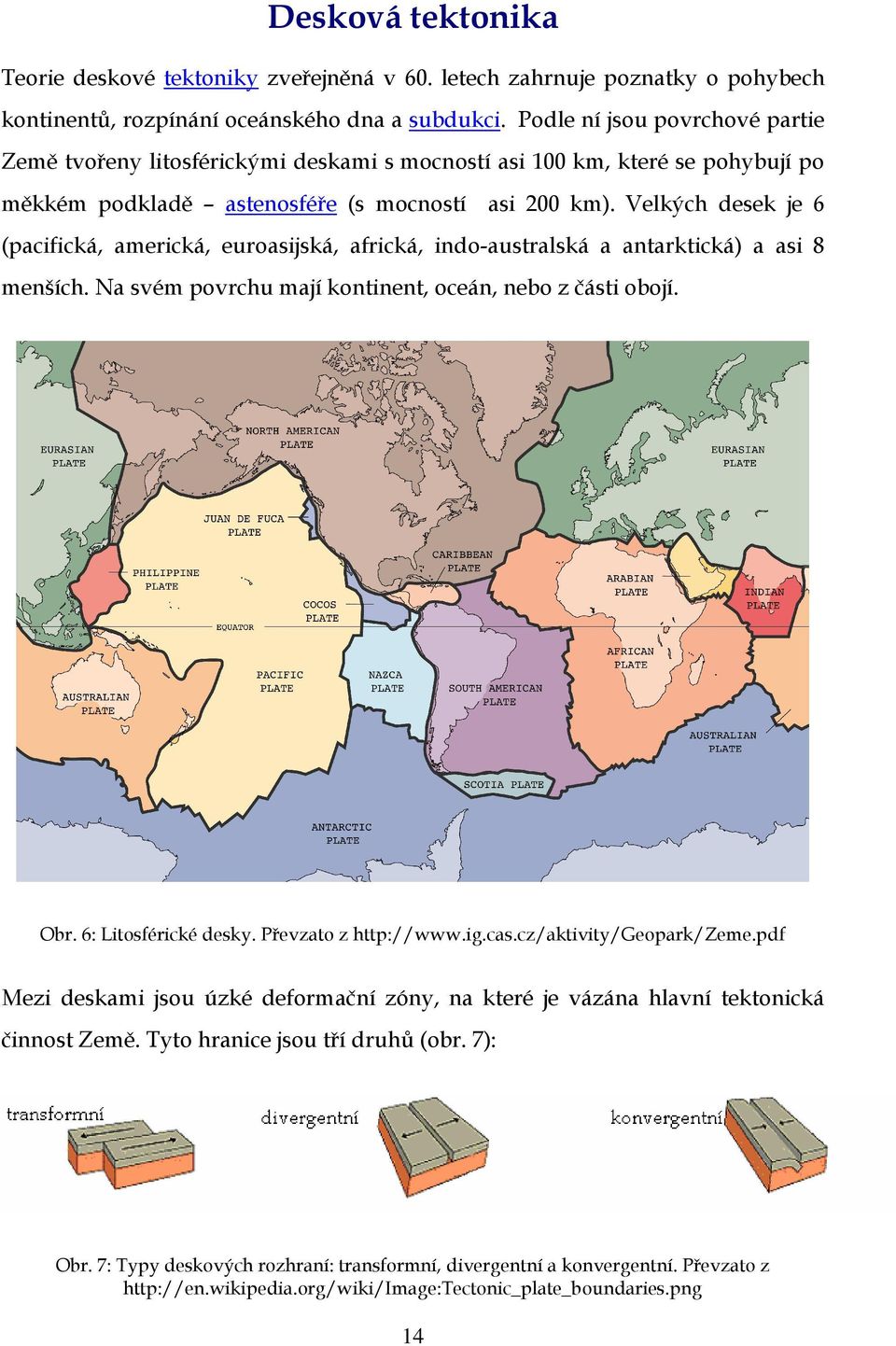 Velkých desek je 6 (pacifická, americká, euroasijská, africká, indo-australská a antarktická) a asi 8 menších. Na svém povrchu mají kontinent, oceán, nebo z části obojí. Obr. 6: Litosférické desky.