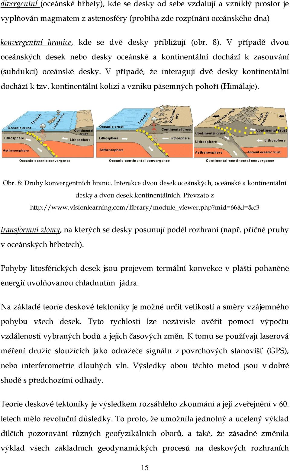 kontinentální kolizi a vzniku pásemných pohoří (Himálaje). Obr. 8: Druhy konvergentních hranic. Interakce dvou desek oceánských, oceánské a kontinentální desky a dvou desek kontinentálních.