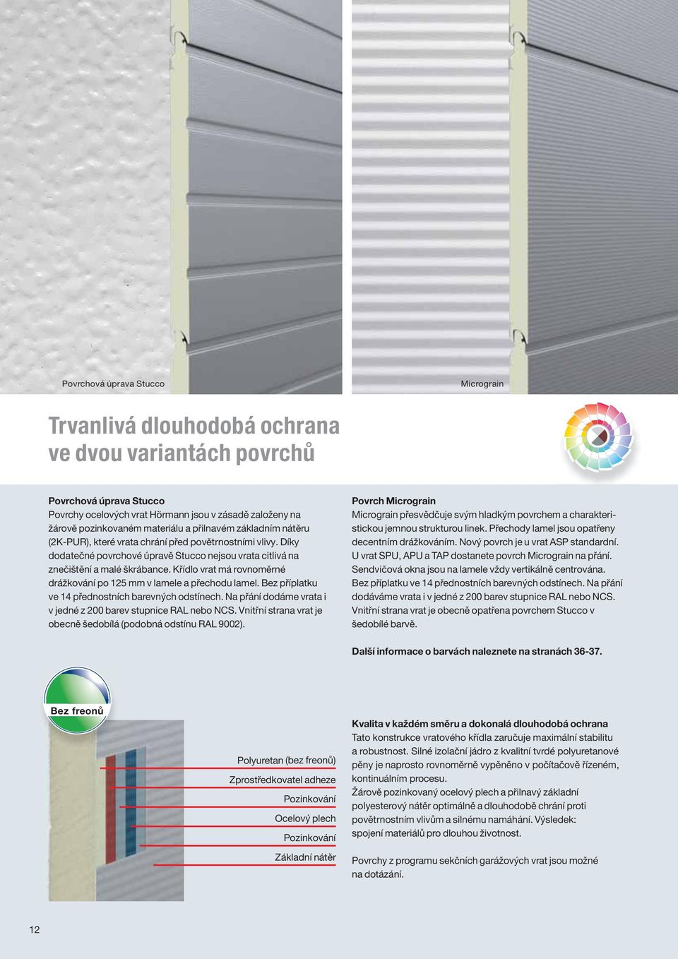 Křídlo vrat má rovnoměrné drážkování po 125 mm v lamele a přechodu lamel. Bez příplatku ve 14 přednostních barevných odstínech. Na přání dodáme vrata i v jedné z 200 barev stupnice RAL nebo NCS.