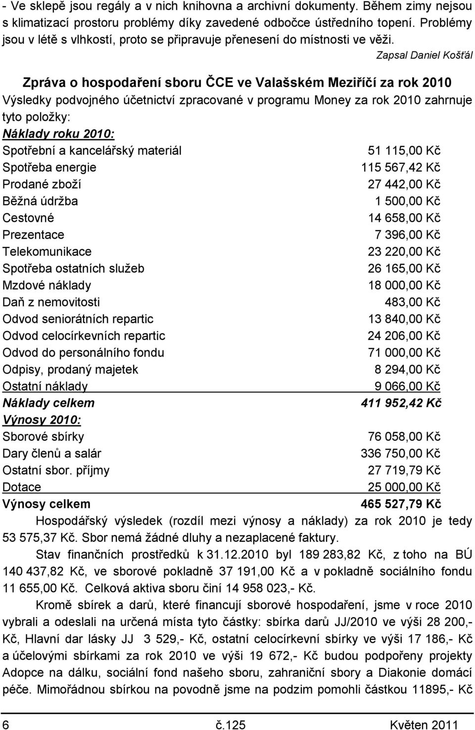 Zapsal Daniel Košťál Zpráva o hospodaření sboru ČCE ve Valašském Meziříčí za rok 2010 Výsledky podvojného účetnictví zpracované v programu Money za rok 2010 zahrnuje tyto poloţky: Náklady roku 2010: