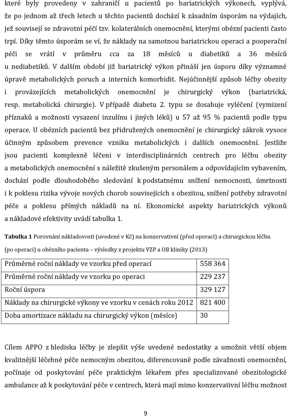 Díky těmto úsporám se ví, že náklady na samotnou bariatrickou operaci a pooperační péči se vrátí v průměru cca za 18 měsíců u diabetiků a 36 měsíců u nediabetiků.